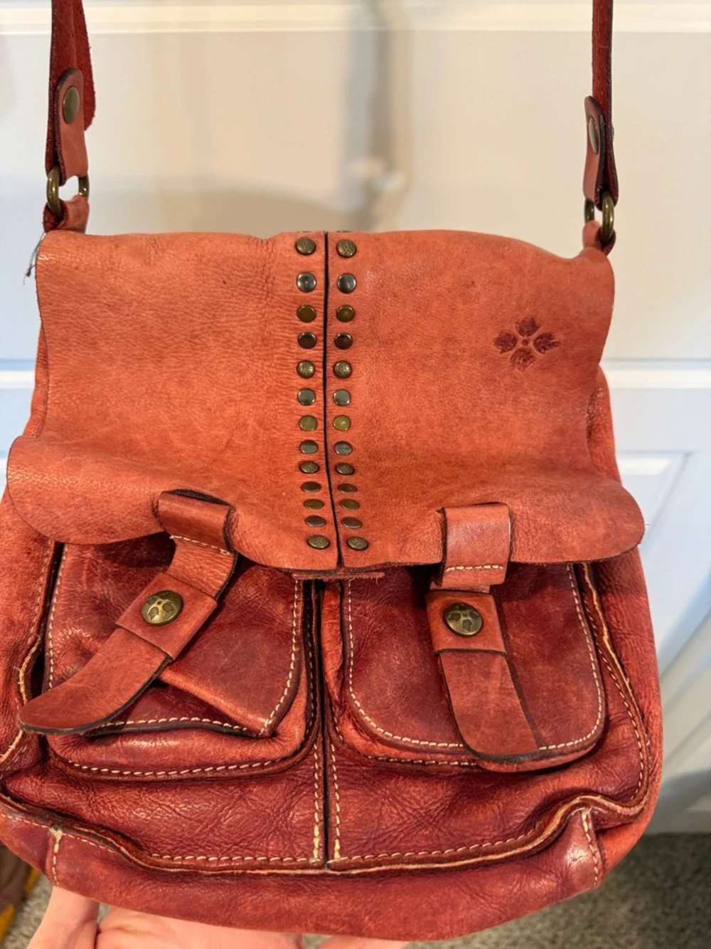 Patricia Nash Armeno Flap Crossbody Messenger Bag, Studs, Berry Red Leather